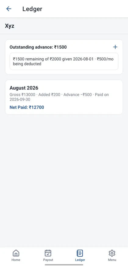 Ledger showing outstanding advance and payment history