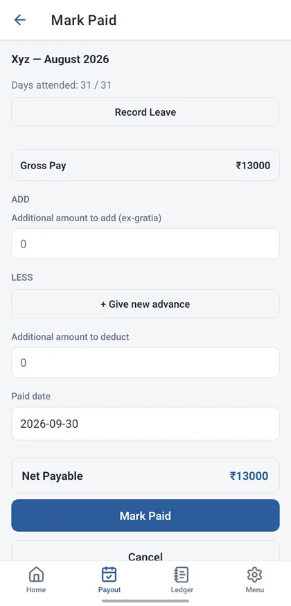 Payout screen showing days attended, gross pay and net payable